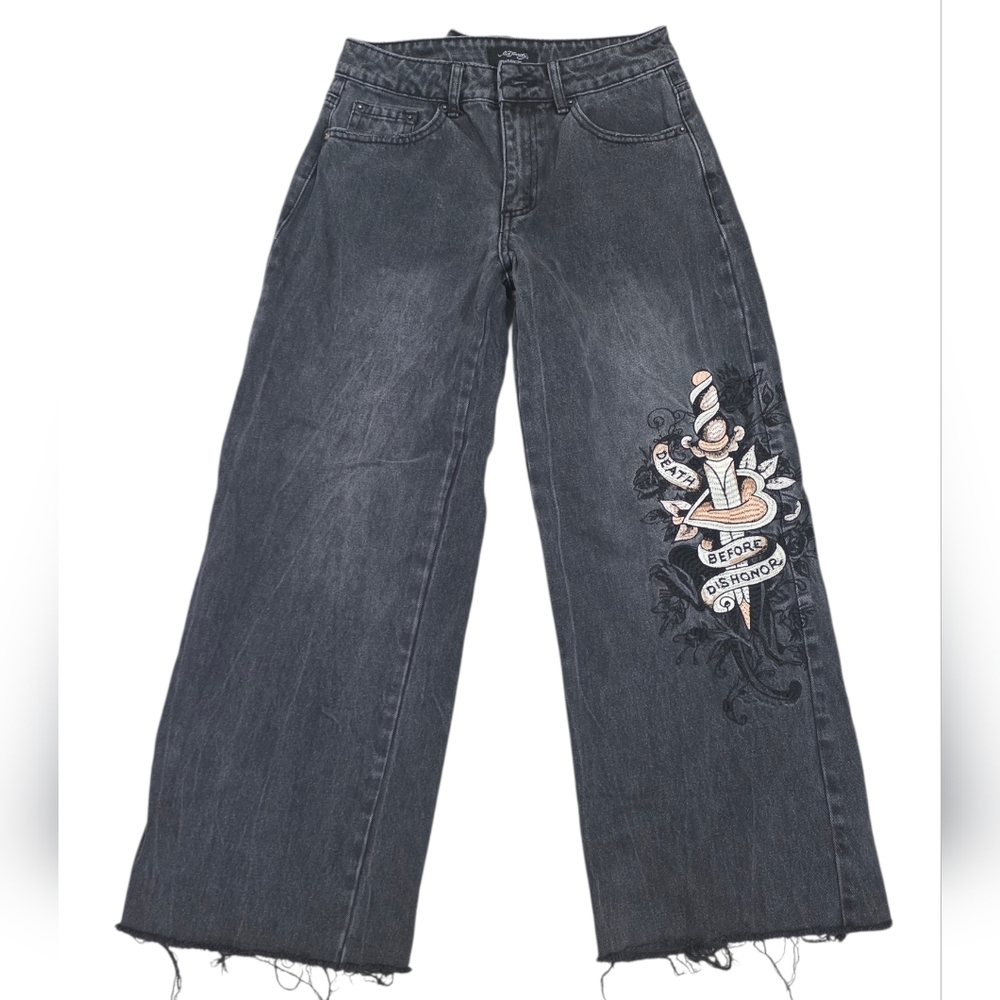 Ed Hardy Wide Leg Distressed Black Denim Size 26 "Death Before Dishonor"